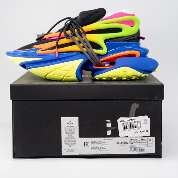 size 43/ US 10 - Balmain Unicorn Black Multicolor Yellow Blue Sneakers Neoprene - Picture 12 of 13